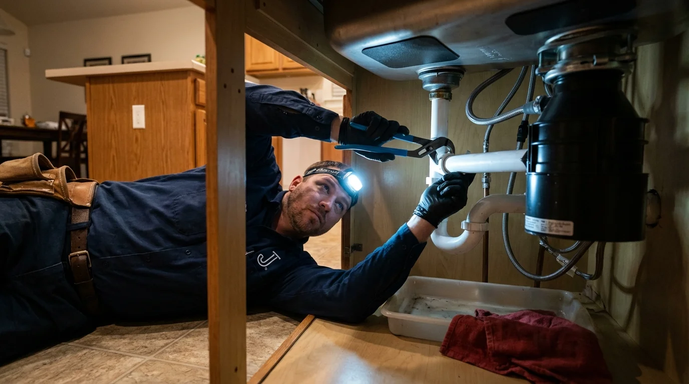 P-trap and supply line connections under a kitchen sink showing a common leak point in Sidney, MT